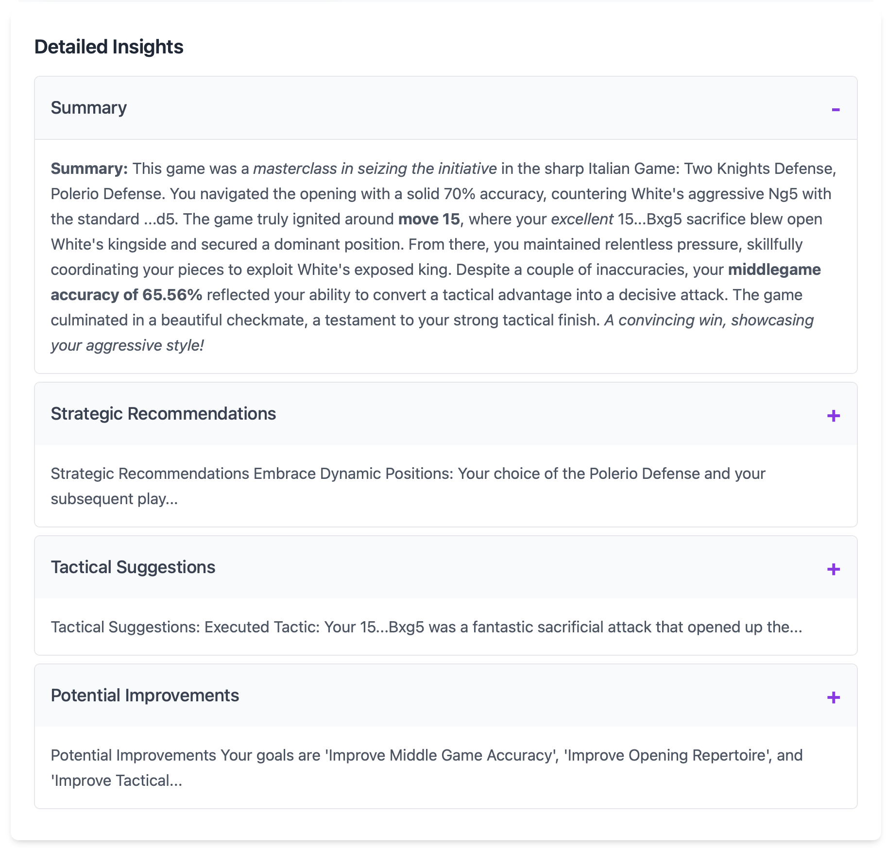 Detailed insights and feedback on a chess game